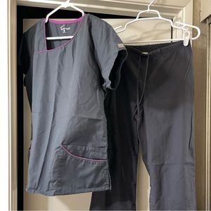 New Butter Soft scrubs, top and bottom, dark grey with fuschia trim on top